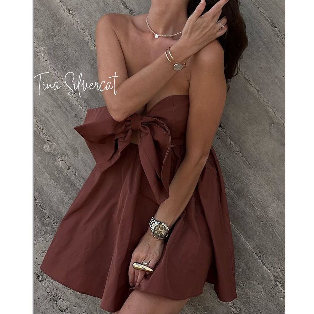 Zara Strapless Bow Mini Cocktail Dress Clay Brown S NWT - Picture 13 of 14